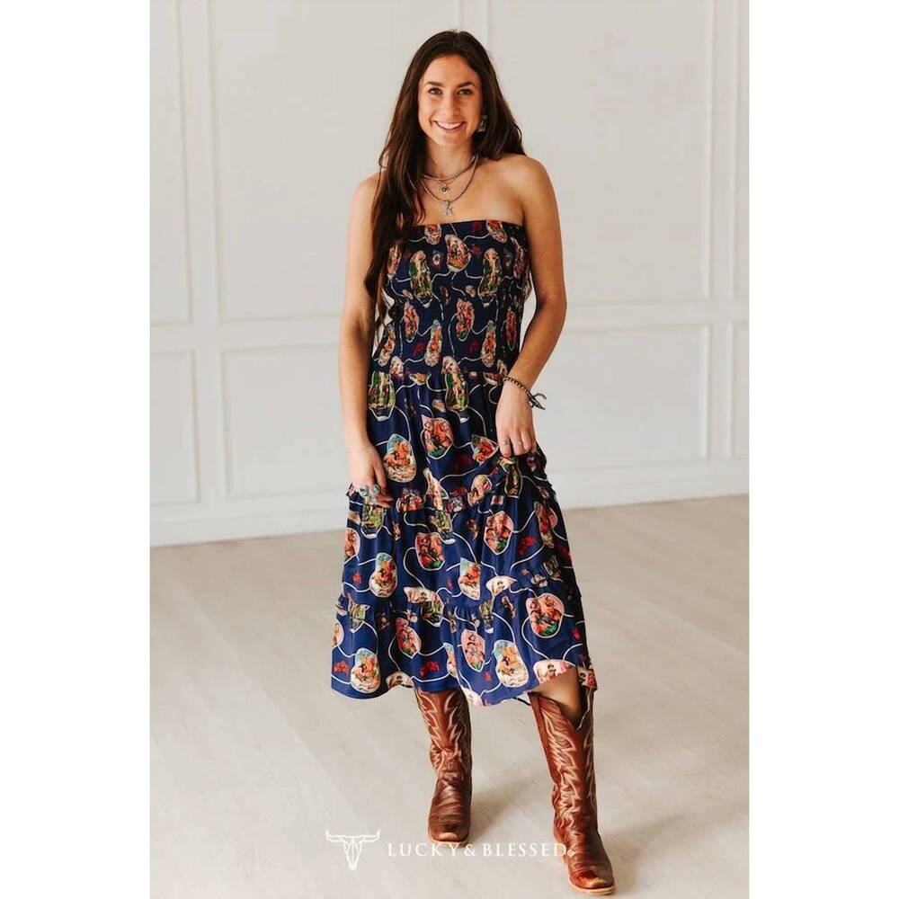 NEW LUCKY & BLESSED retro rodeo print smocked strapless western midi dress in na